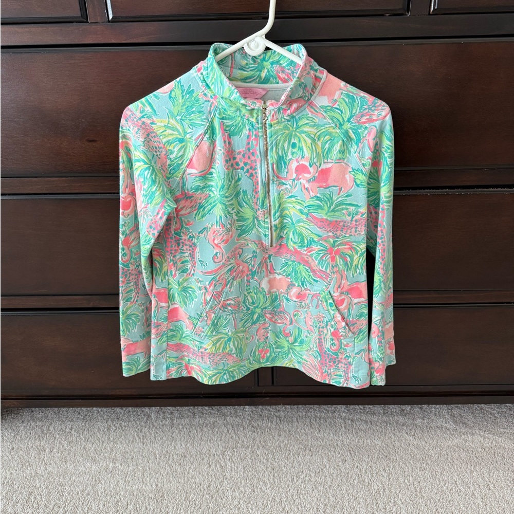 Lilly Pulitzer Coral Pink & Mint Tropical Zip Pullover - Picture 2 of 5